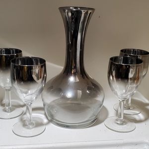 Vintage MCM Vitreon Queens Silver Lusterware Silver Ombre Cordial Set Decanter 4